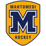 Shield-shaped hockey emblem displaying a large navy "M"; "MAHTOMEDI" arched above and "HOCKEY" below on a gold field.