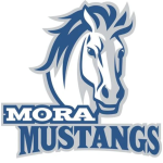 Stylized mustang head faces forward with flowing mane; logo on white background; text reads "MORA MUSTANGS".