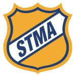 Shield-shaped emblem displaying diagonal white band labeled "STMA", gold fill with blue outline, centered on white background