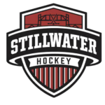 Shield-shaped sports logo displaying "STILLWATER" across its center; red-and-black striped lower panel; small top text illegible.
