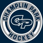 Circular hockey team logo with interlocked "CP" initials centered, navy and silver rings reading "CHAMPLIN PARK HOCKEY".
