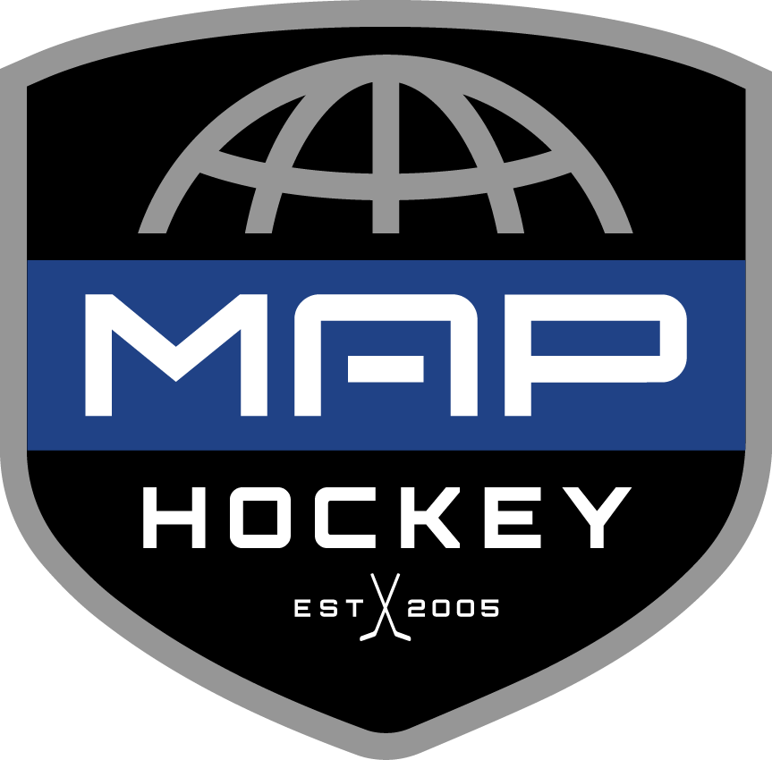 Shield-shaped logo showing a stylized globe above "MAP" on a blue band, and "HOCKEY" with crossed sticks below.