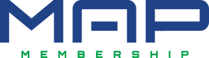 Blue stylized "MAP" lettering sits above smaller green "MEMBERSHIP" text on a white background.