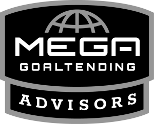 Shield-shaped badge displays globe above the text "MEGA GOALTENDING" with "ADVISORS" on a lower banner.