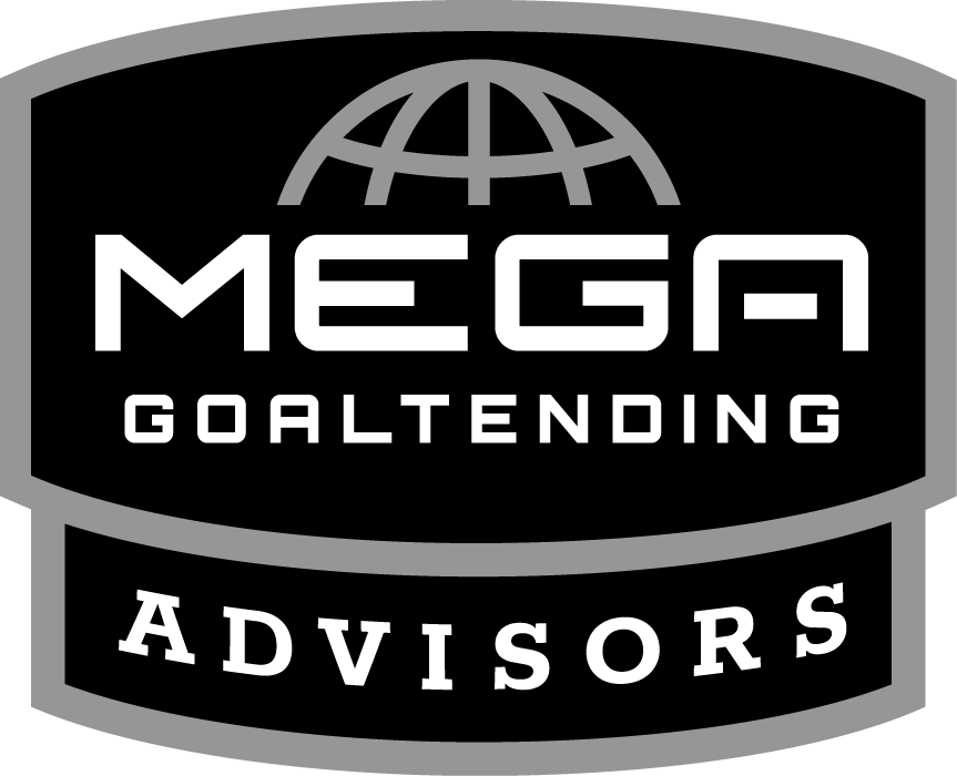 Shield-shaped badge displays globe above the text "MEGA GOALTENDING" with "ADVISORS" on a lower banner.