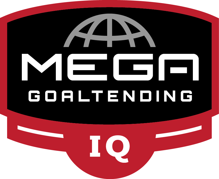 Shield-shaped logo displaying "MEGA GOALTENDING" above "IQ", featuring a gray globe motif, black interior, and red border.