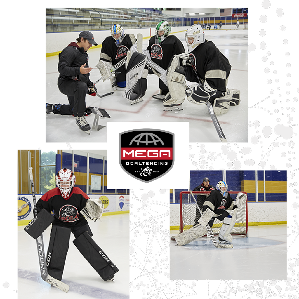 Three hockey goaltenders receiving instruction from a coach while practicing on an indoor ice rink.