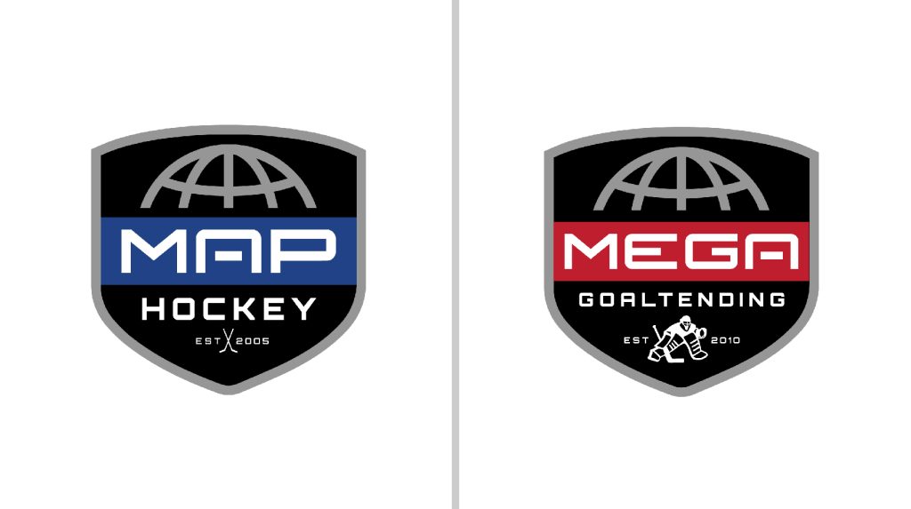 Two shield-shaped sports logos sit side-by-side, each showing a globe icon above bold team names on colored bands.