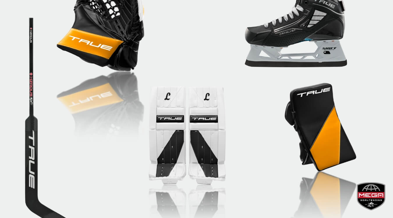 Ice hockey goalie equipment collage including a True branded hockey goalie stick, glove, leg pads, skates, and blocker.
